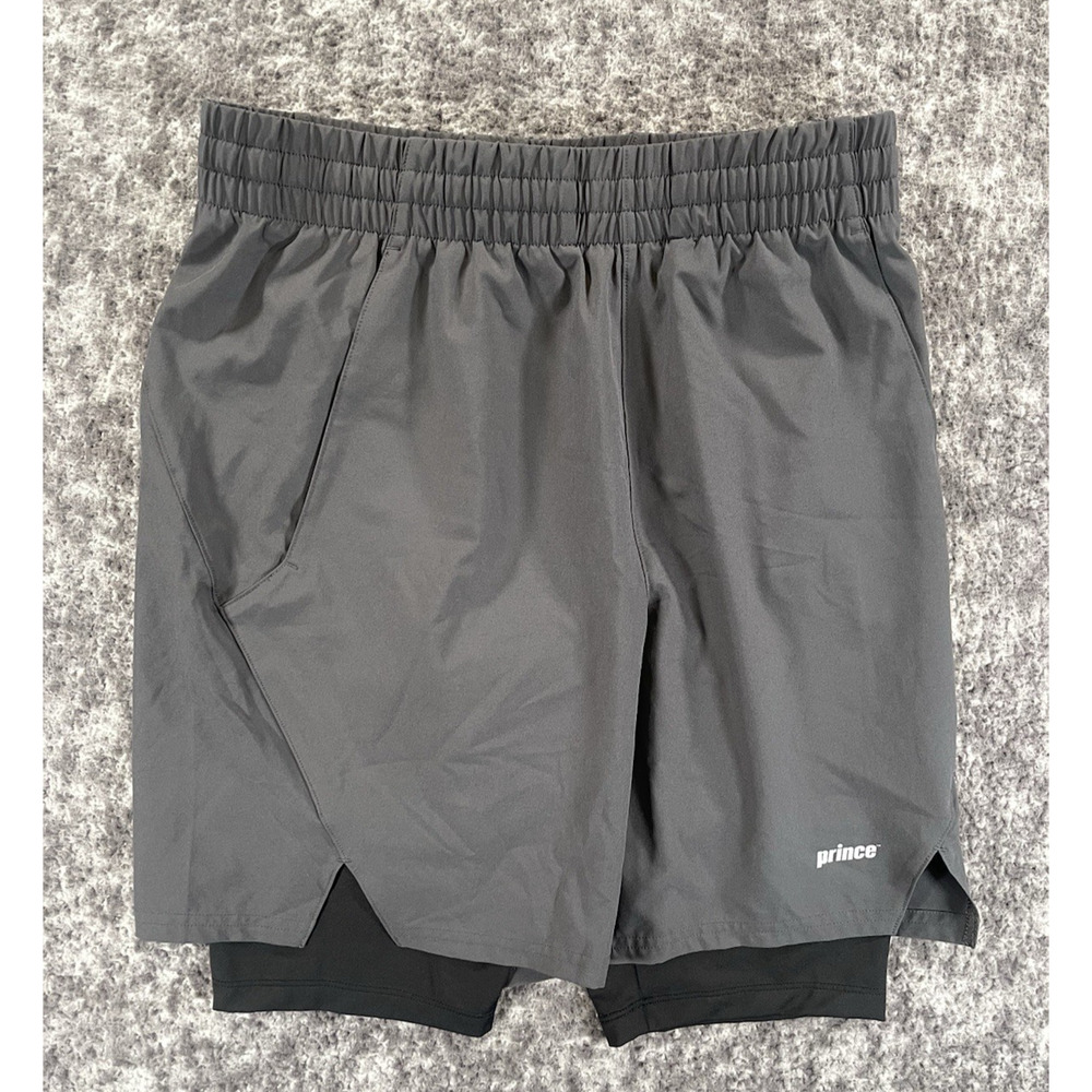 Prince Mens 2-in-1 Tennis Shorts Small Gray Black Athletic Lined Wicking 8”